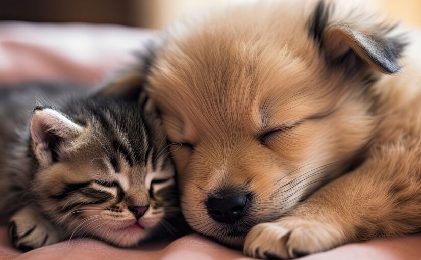About us page. A kitten and a puppy are lying asleep next to each other